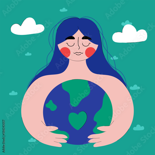 Cute woman embraces planet Earth with care and love. Mother nature. The concept of Earth day. Save our planet. Go green. Trendy flat style with line.