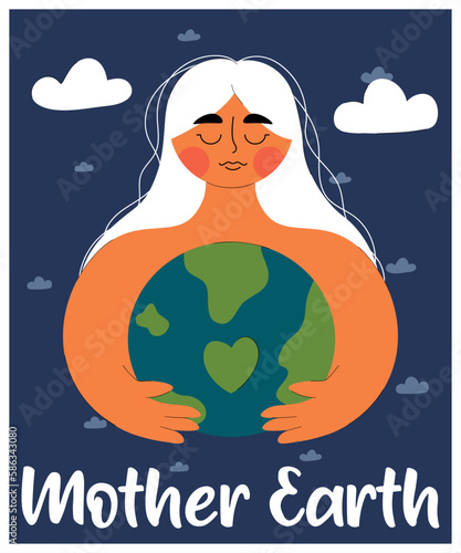 Cute woman embraces planet Earth with care and love. Mother nature. The concept of Earth day. Save our planet. Go green. Trendy flat style with line.