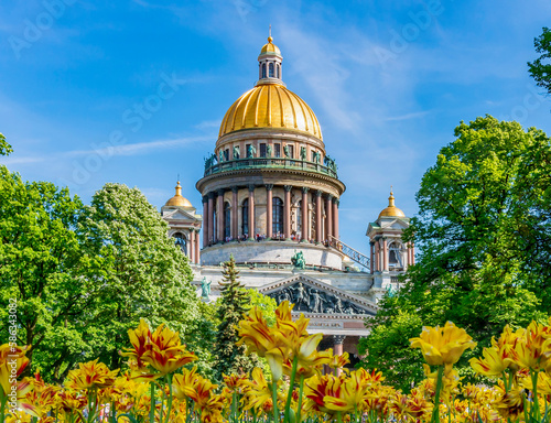 St. Isaac's cathedral and flowers in Alexander garden, Saint Petersburg, Russia