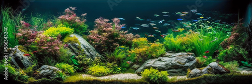 Aquarium, aquascaping example, with plants and fishes, panoramic banner, AI generative photo