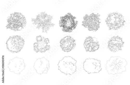 set of tree top view for landscape plan and architecture element. trees plan line cad, tree plan drawing, elements for environment and garden
