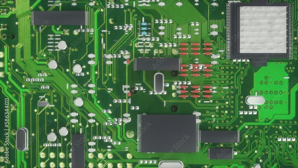 Camera moves around computer components. Seamless looping 3D animation of a circuit board top shot Camera moves around computer components. Seamless looping 3D animation of a circuit board top shot