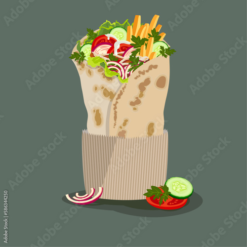 shawarma illustration. middle eastern sandwich-like wrap with meat cut, fries and vegetables