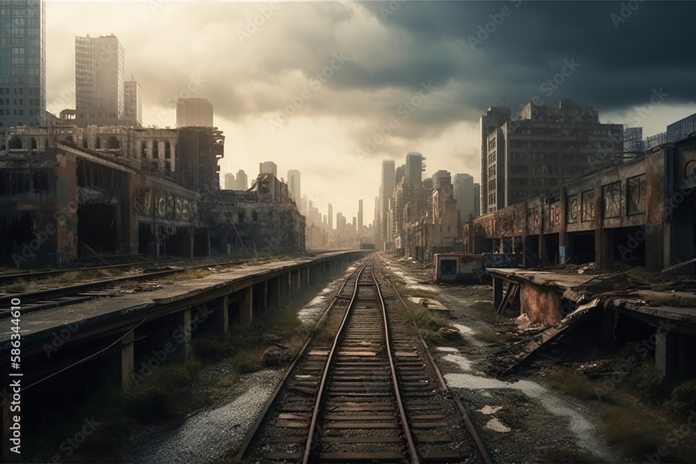 A Desolate, Abandoned Cityscape With Ruined Skyscrapers And Crumbling Infrastructure. Generative AI