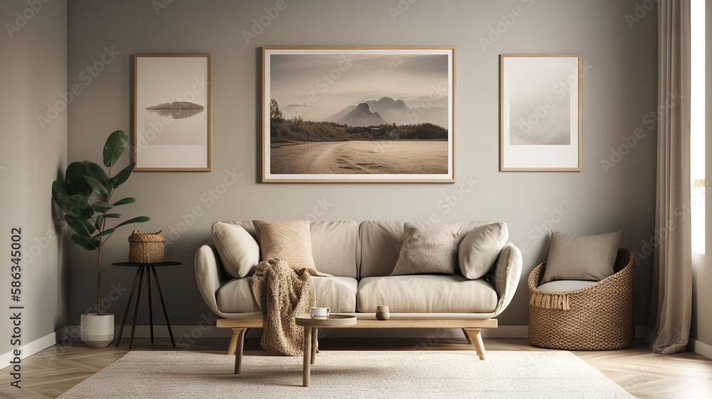 Bohemian Interior Design Style living room in pastel colors mock-up with frame for picture generative ai Bohemian Interior Design Style living room in pastel colors mock-up with frame for picture generative ai
