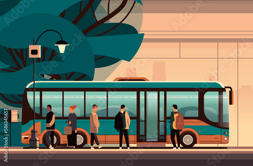 people at public transport bus station comfortable moving concept horizontal cityscape background
