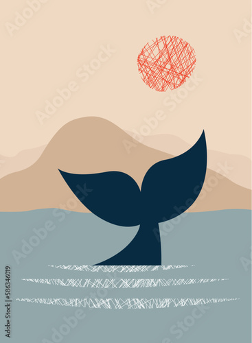 Landscape with a whale tail above the surface of the sea