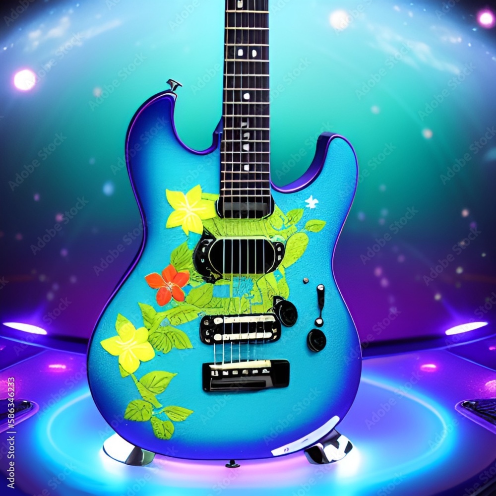 Blue electric guitar - multicolor background - ideal for website, email, presentation, advertisement, picture, poster, placard, banner, postcard, card, logo, engraving, slide, tag, 