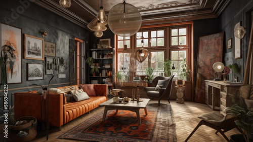 Eclectic Interior Elegance: Wall art, interior style mix, vintage furniture, generative ai