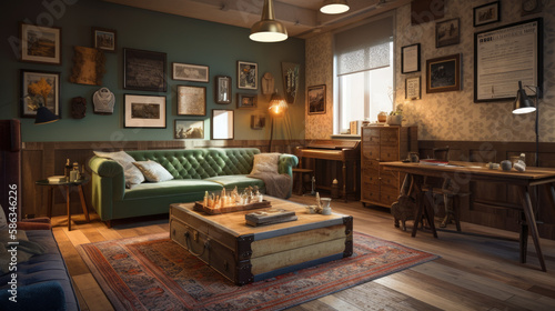 Eclectic Interior Elegance: Wall art, interior style mix, vintage furniture, generative ai © Marvinix