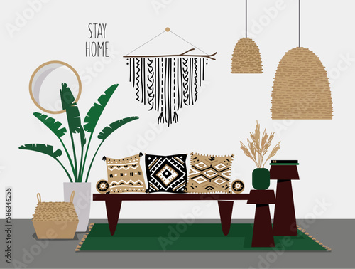 Interior design of living room in boho style