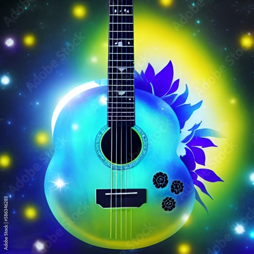Blue guitar - multicolor background - ideal for website, email, presentation, advertisement, picture, poster, placard, banner, postcard, card, logo, engraving, slide, tag