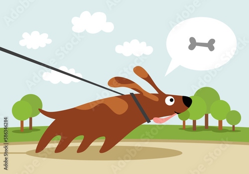 Dog is dreaming on the walk about the food.
Illustration of the dog on a leash is walking in the park