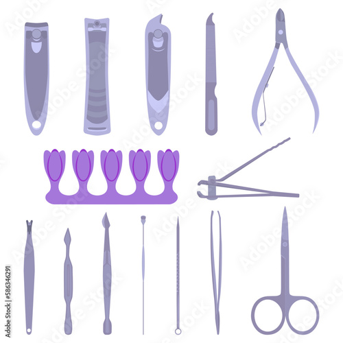 Manicure, pedicure, face cleaning tools black silhouettes, vector illustration