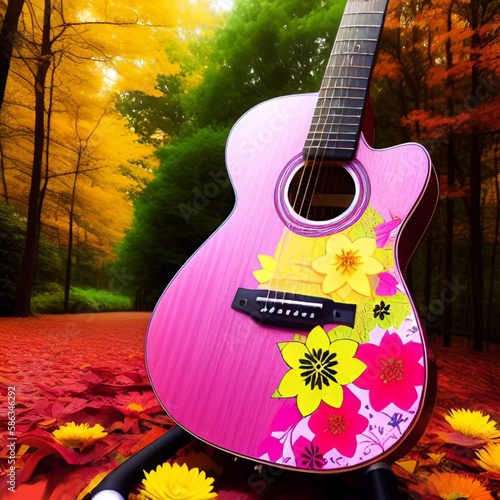 Pink  guitar - multicolor background - ideal for website, email, presentation, advertisement, picture, poster, placard, banner, postcard, card, logo, engraving, slide, tag	chitarra, musica, elettri photo