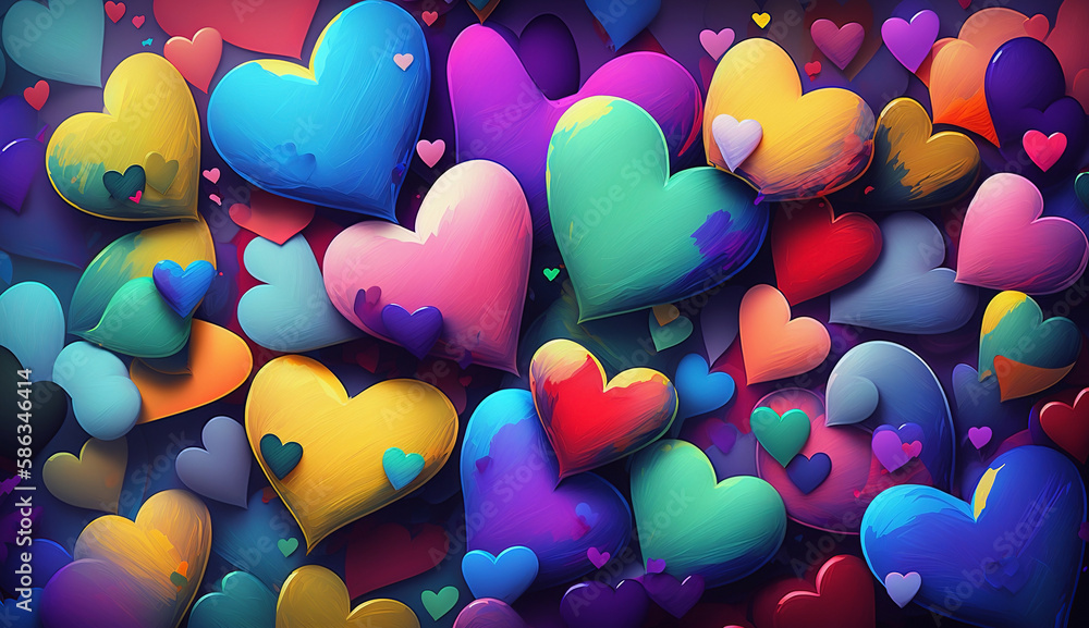 Background of beautiful colored hearts in oil painting - mother's day - Valentine's day - wedding day - Generative Ai