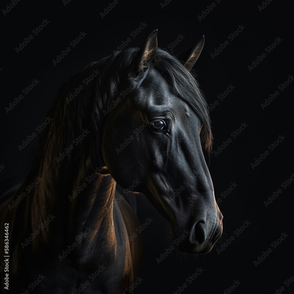 portrait of a black horse on black background, generative ai