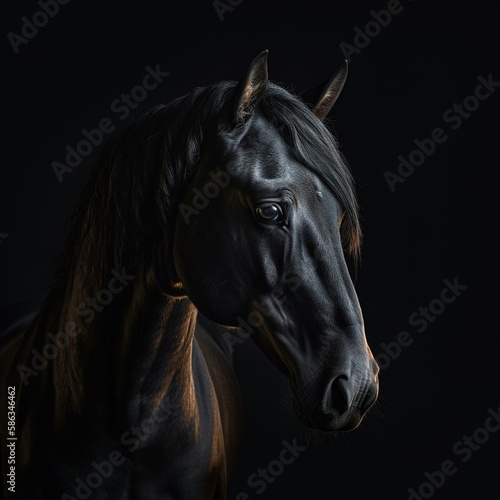 portrait of a black horse on black background  generative ai