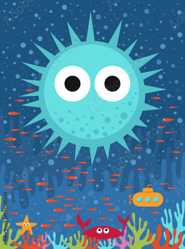 Illustration of the echinus, sea animals and fishes, yellow submarine floating near coral reef