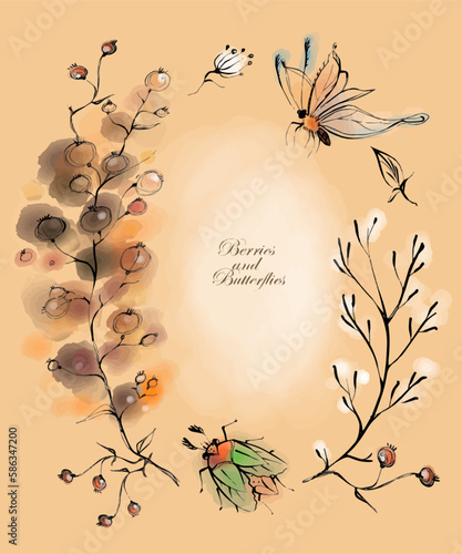Bunches of berries, butterflies, bugs and flowers in watercolor style on a vintage ochre beige background. Delicate elegant style of postcards, backgrounds.