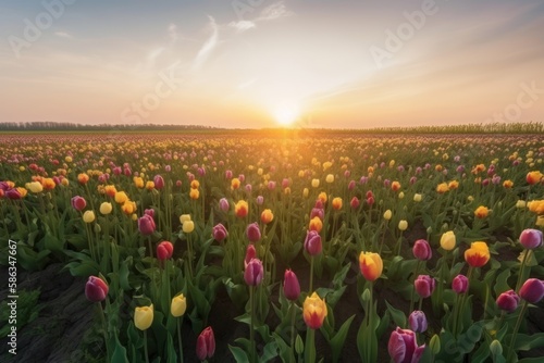 landscape of tulip cultivation, generative ai © carballo