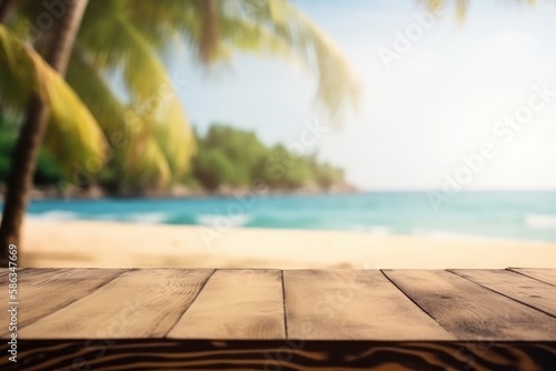 wooden background with tropical beach landscape, generative ai