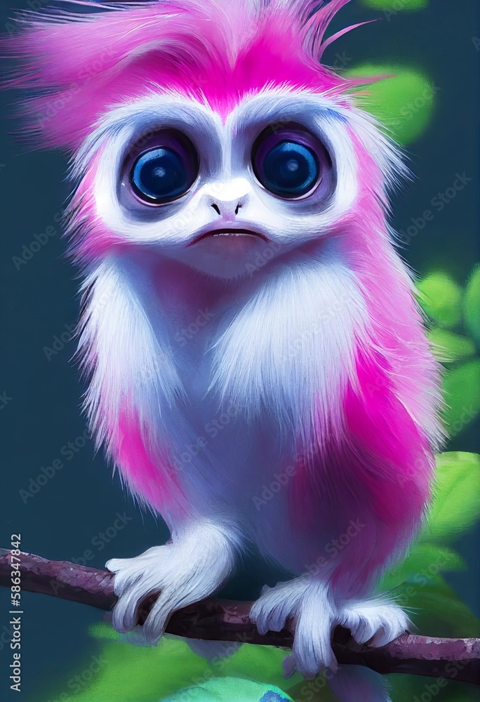 Obraz premium Funny adorable portrait headshot of cute cotton top tamarin. South American land animal standing facing front. Looking to camera. Watercolor illustration. AI generated vertical artistic poster.
