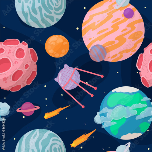 UFOs, spaceships, rockets. Solar system, intergalactic travel. Galaxies, planets, asteroids, comets, shooting stars. Vector illustration in cartoon style on a white background.