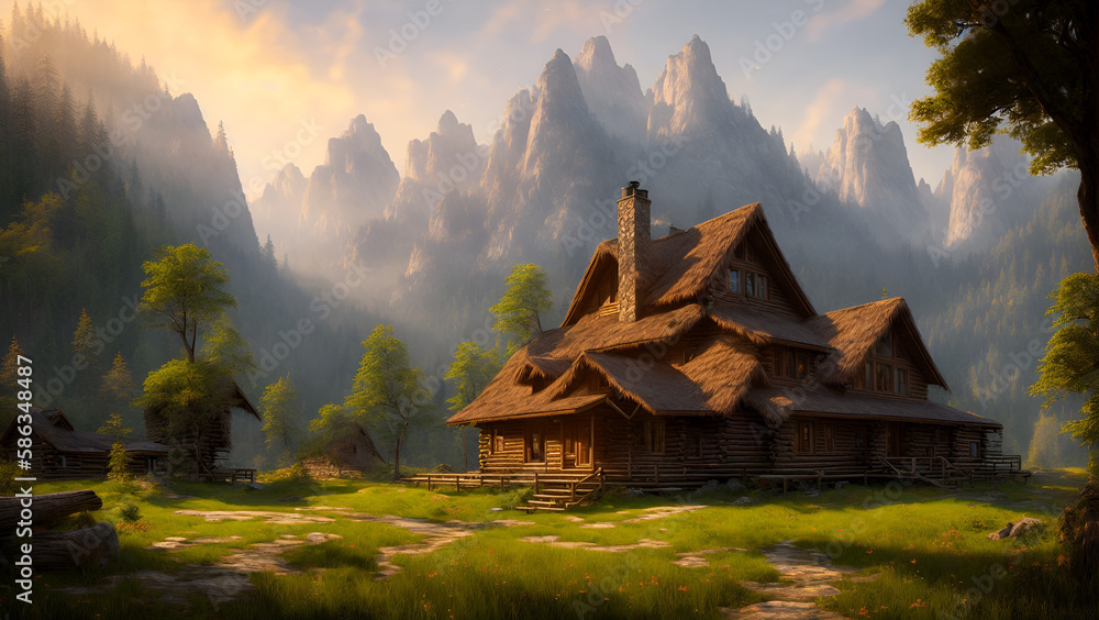 A Lone Log Cabin in the middle of a Valley - Landscape Wallpaper