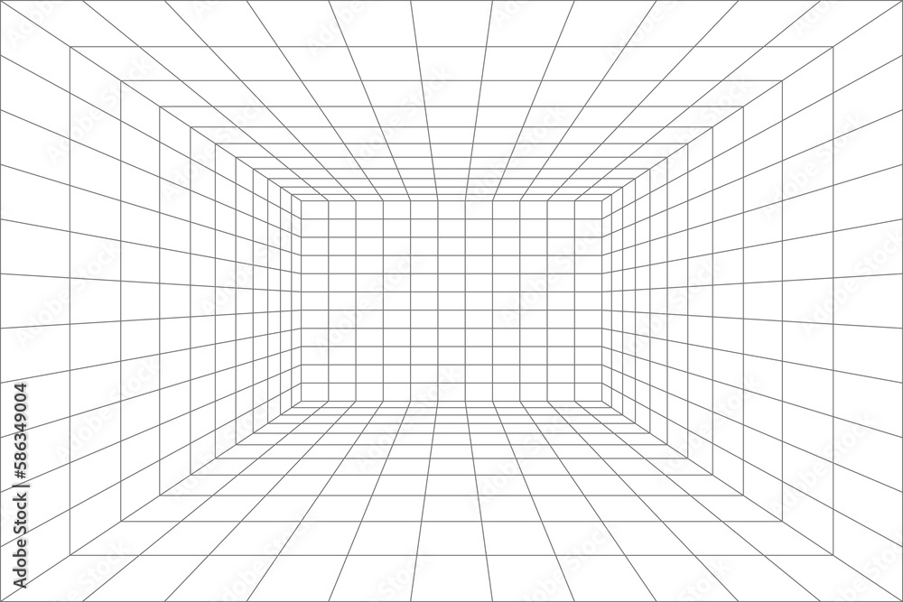 Room projection grid in futuristic 3d style. Outline futuristic grid background, room projection. Wireframe grid template in perspective view. Vector - obrazy, fototapety, plakaty 