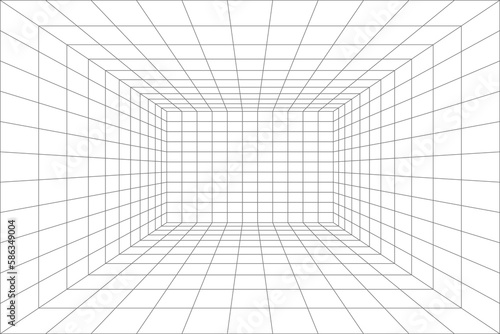 Room projection grid in futuristic 3d style. Outline futuristic grid background, room projection. Wireframe grid template in perspective view. Vector