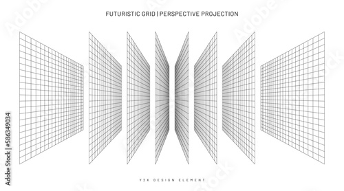 Retro grid in perspective projection, Y2K style design elements collection. Geometric grid and mesh in futuristic and retro style. Vector