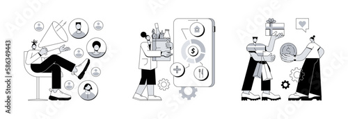 Buy and sell product abstract concept vector illustration set. Diversity marketing, consumption expenditure, face-to-face selling, consumer engagement, compulsive purchase abstract metaphor.