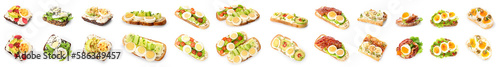 Collage of tasty toasts with boiled eggs on white background