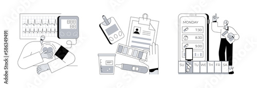Health check up abstract concept vector illustration set. Blood pressure screening, urinalysis result, smart pill boxes, laboratory testing, pharmacy screening, medication schedule abstract metaphor.