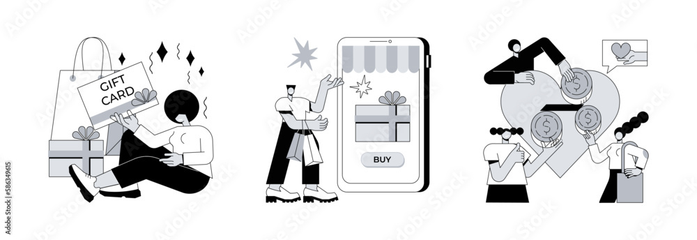 Money spending abstract concept vector illustration set. Gift certificate, e-commerce program, digital gift card, donation fund, charity organization, buy present, mobile store app abstract metaphor. Money spending abstract concept vector illustration set. Gift certificate, e-commerce program, digital gift card, donation fund, charity organization, buy present, mobile store app abstract metaphor.