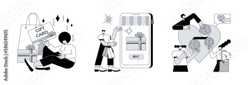 Money spending abstract concept vector illustration set. Gift certificate, e-commerce program, digital gift card, donation fund, charity organization, buy present, mobile store app abstract metaphor.