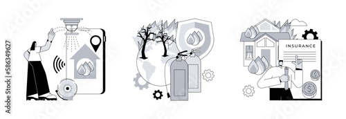 Building emergency protection abstract concept vector illustration set. Fire alarm system, fire protection and insurance, smoke sensor detector, water spraying, damage coverage abstract metaphor.