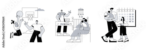 Parenting role abstract concept vector illustration set. End of gender-focused parenting, father supports mother, paternity leave, newborn child, working dad, home office abstract metaphor.