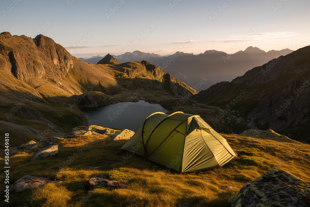 A tourist tent pitched on top of a mountain at sunrise. Tourism and physical activity concept. Generative ai