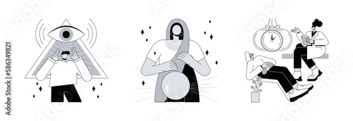 Extrasensory ability abstract concept vector illustration set. Clairvoyance ability, fortune telling, hypnosis practice, tarot reading services, crystal ball, medical trance abstract metaphor.