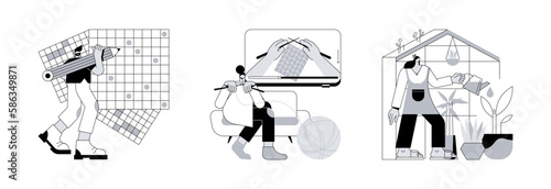 Quarantine leasure activity abstract concept vector illustration set. Do a crossword and sudoku, learn how to knit, home gardening, coronavirus pandemic stress, stay home idea abstract metaphor.