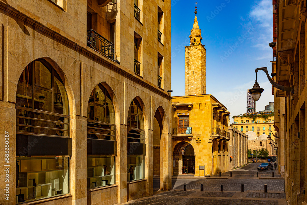 Beirut, the capital city of Lebanon. One of the streets of the old town, there is part of the Al-Omari Grand Mosque