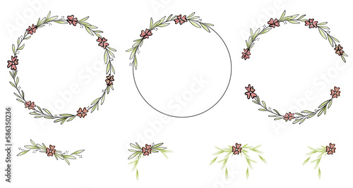 Pink Floral Wreath and Decorative Elements Collection. Transparent Watercolor Illustrations