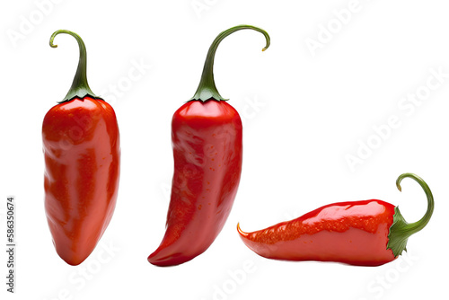 a kitchen-themed photographic illustration of a group of isolated red, serrano, poblano, and chili peppers set on a transparent background in PNG. Generative AI