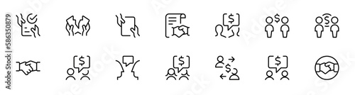 Business deal icon set. Contains such Icons as finance, handshake, job, and more. Line style design. Vector graphic illustration. Suitable for website design, app, template, ui. Editable stroke.