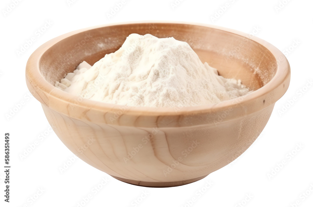 flour in a wooden bowl isolated on a transparent background