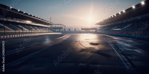 Thrilling view of a race track from the driver's perspective, with massive stands on both sides, generating excitement and adrenaline, generative AI © ArgitopIA
