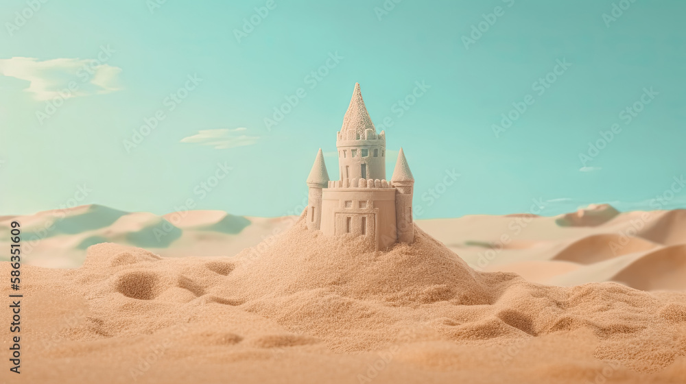 Beautiful sandcastle on the beach with sand on summer vacation. Travel vacations concept. Generative AI Beautiful sandcastle on the beach with sand on summer vacation. Travel vacations concept. Generative AI