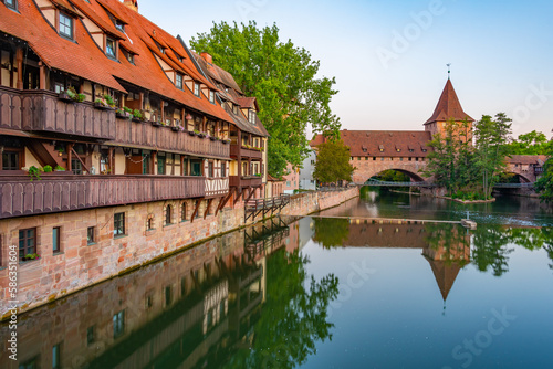 Sunset view of Schlayerturm in German town Nürnberg photo